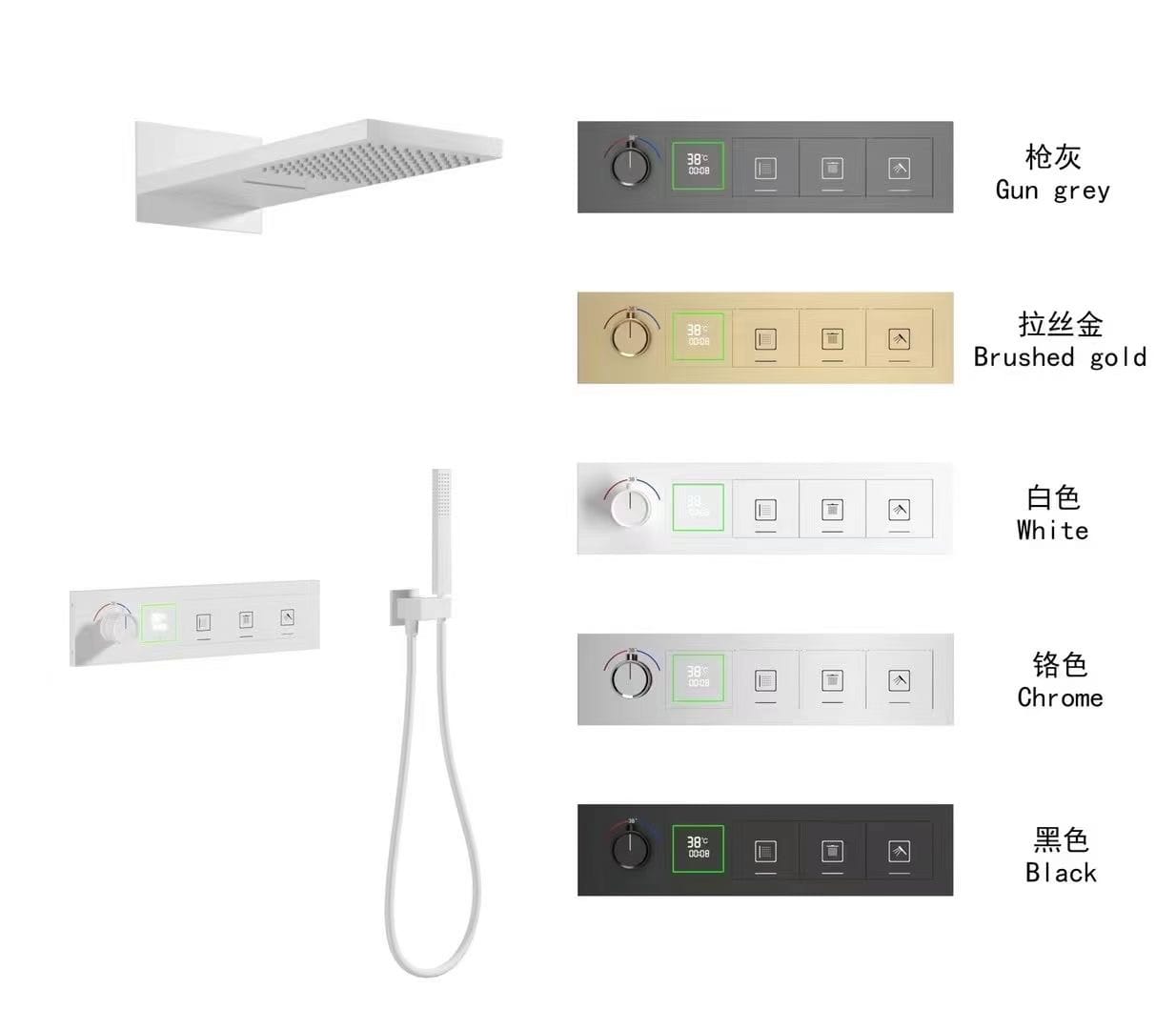 Xylivingstore Concealed Brass Thermostatic LED Display Shower Set – Ceiling Rainfall & Wall-Embedded Button Mixer for Bathroom or Hotel