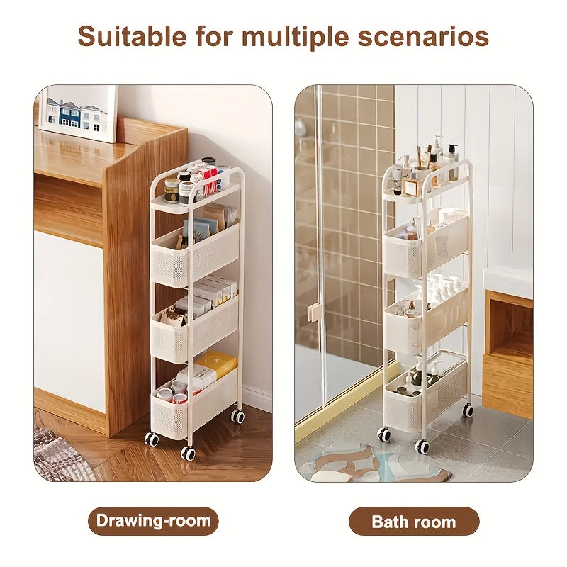 1pc Movable Cart Narrow Gap Storage Practical Shelf Crevice 4-Layer Storage Shelf with Handrail Shelf with 360° Rotating Pulley Suitable for Kitchen/Bathroom/Bedroom/Next to Refrigerator Storage Carbon Steel Material White,