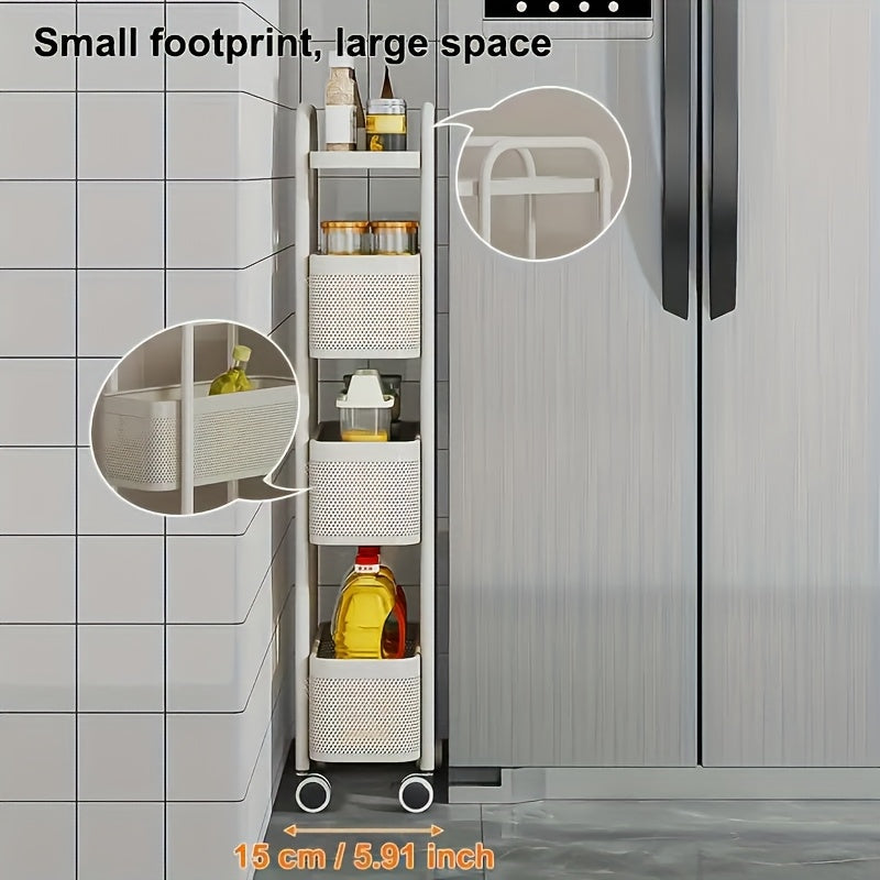 1pc Movable Cart Narrow Gap Storage Practical Shelf Crevice 4-Layer Storage Shelf with Handrail Shelf with 360° Rotating Pulley Suitable for Kitchen/Bathroom/Bedroom/Next to Refrigerator Storage Carbon Steel Material White,