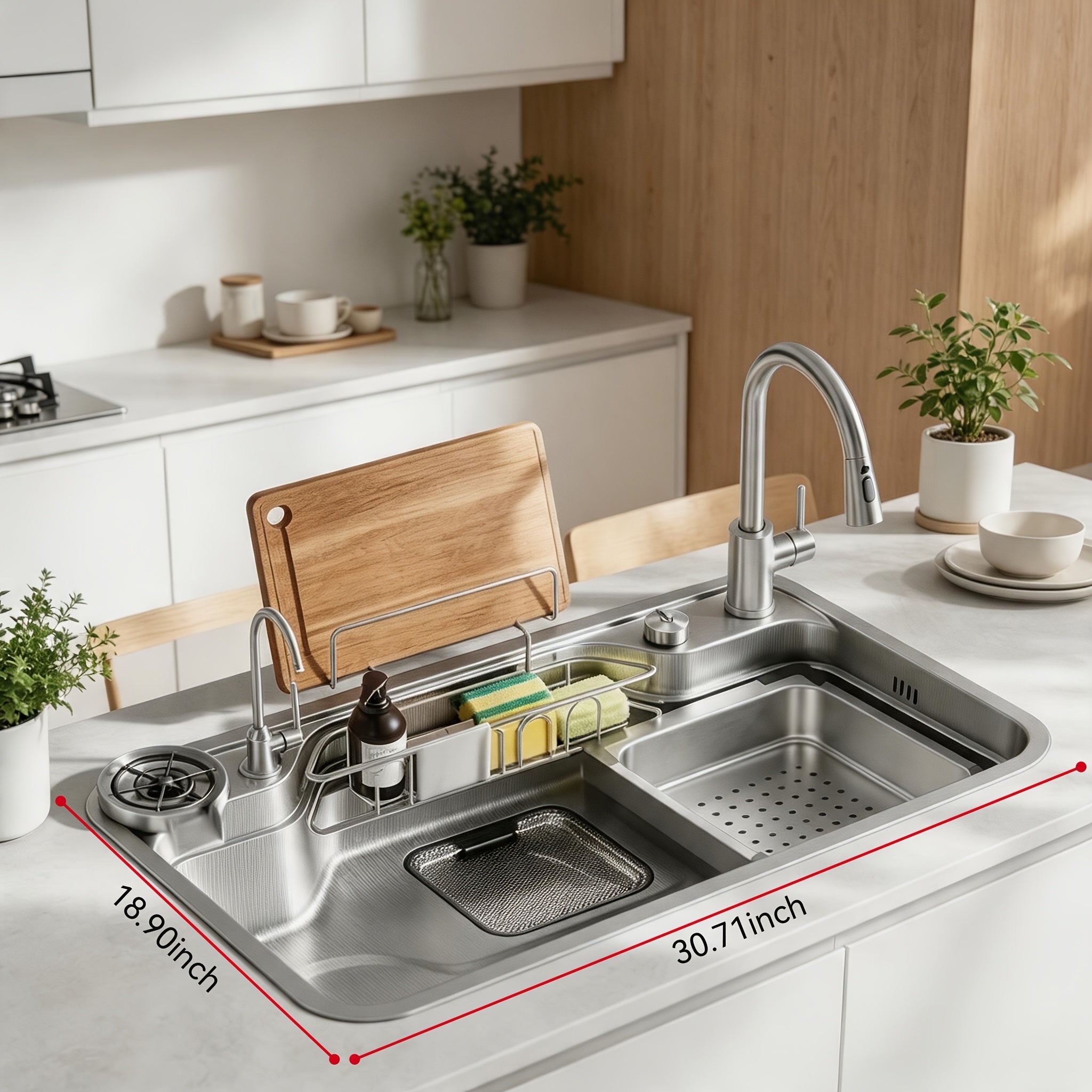Multi-Functional Stainless Steel Kitchen Sink 30.71"×18.90" Single Bowl Workstation Sink with Faucet & Accessories