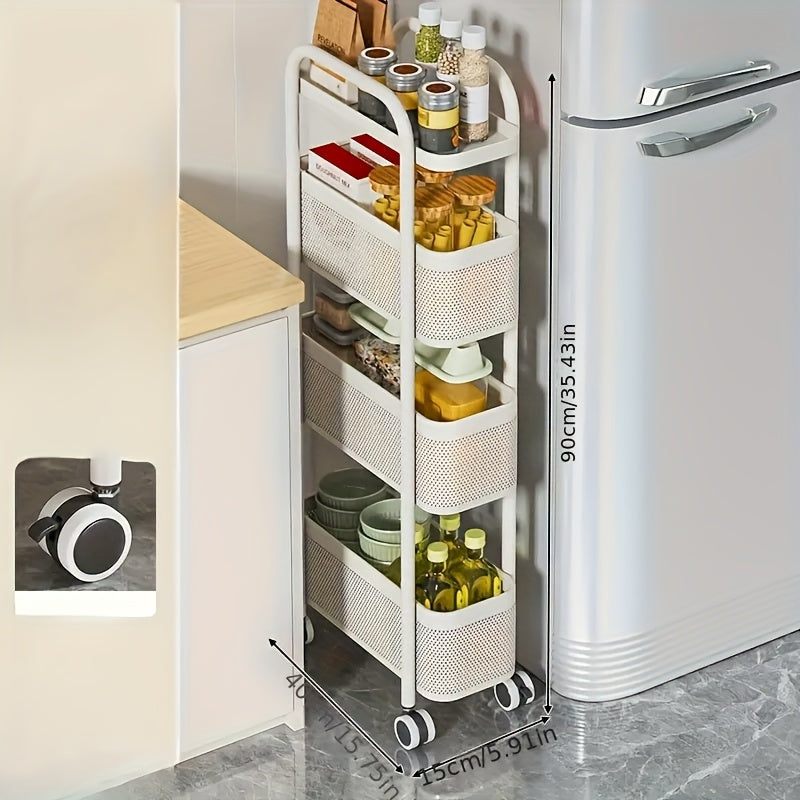 1pc Movable Cart Narrow Gap Storage Practical Shelf Crevice 4-Layer Storage Shelf with Handrail Shelf with 360° Rotating Pulley Suitable for Kitchen/Bathroom/Bedroom/Next to Refrigerator Storage Carbon Steel Material White,