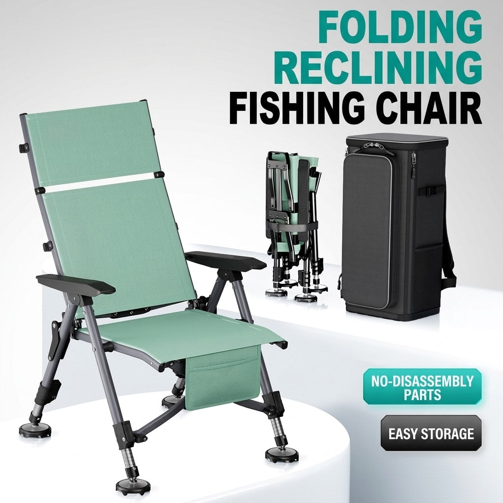 Folding reclining fishing chair with compact storage