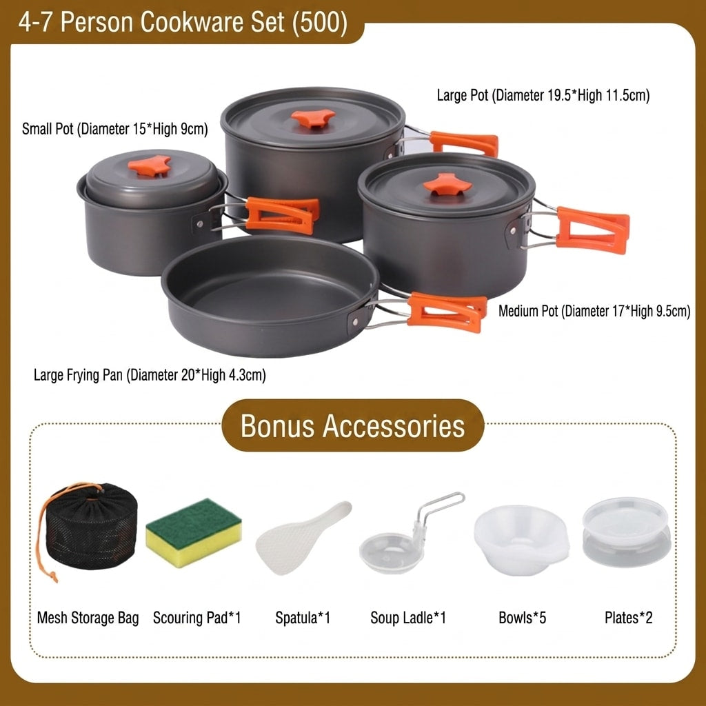 18-Piece Camping Cookware Set with Pot, Pan, Kettle, Plates and Bowls