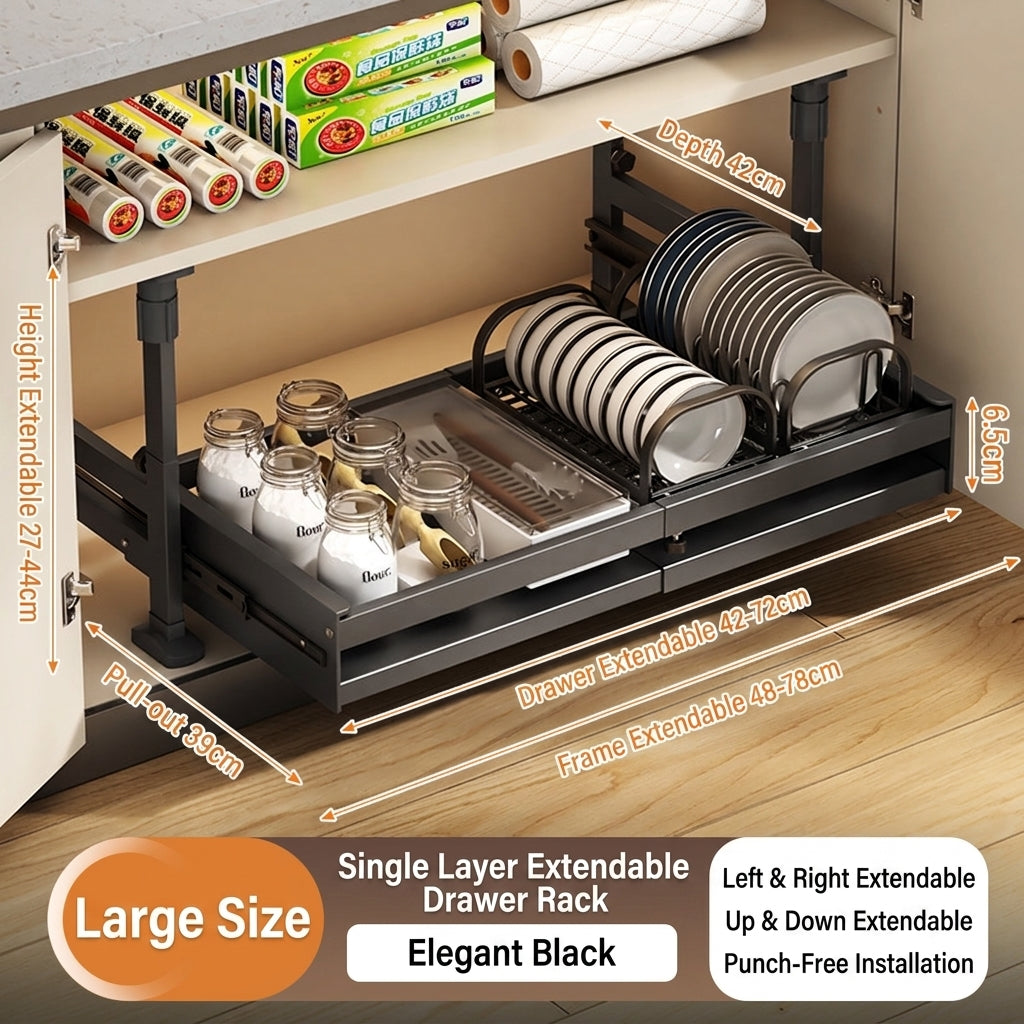 Under Cabinet Pull-Out Organizer, No-Drill Adjustable Kitchen Cabinet Drawer Basket for Pots, Dishes & Pantry Storage