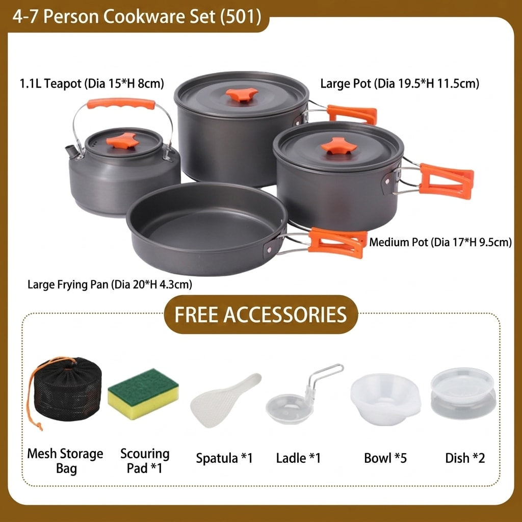 18-Piece Camping Cookware Set with Pot, Pan, Kettle, Plates and Bowls