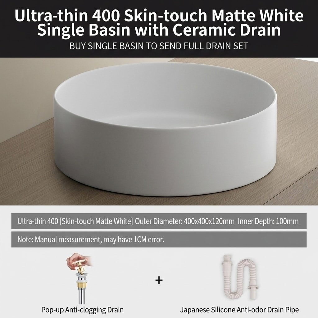 Minimalist Square Countertop Bathroom Sink, Matte White Ceramic Vessel Basin for Modern Bathroom Vanity