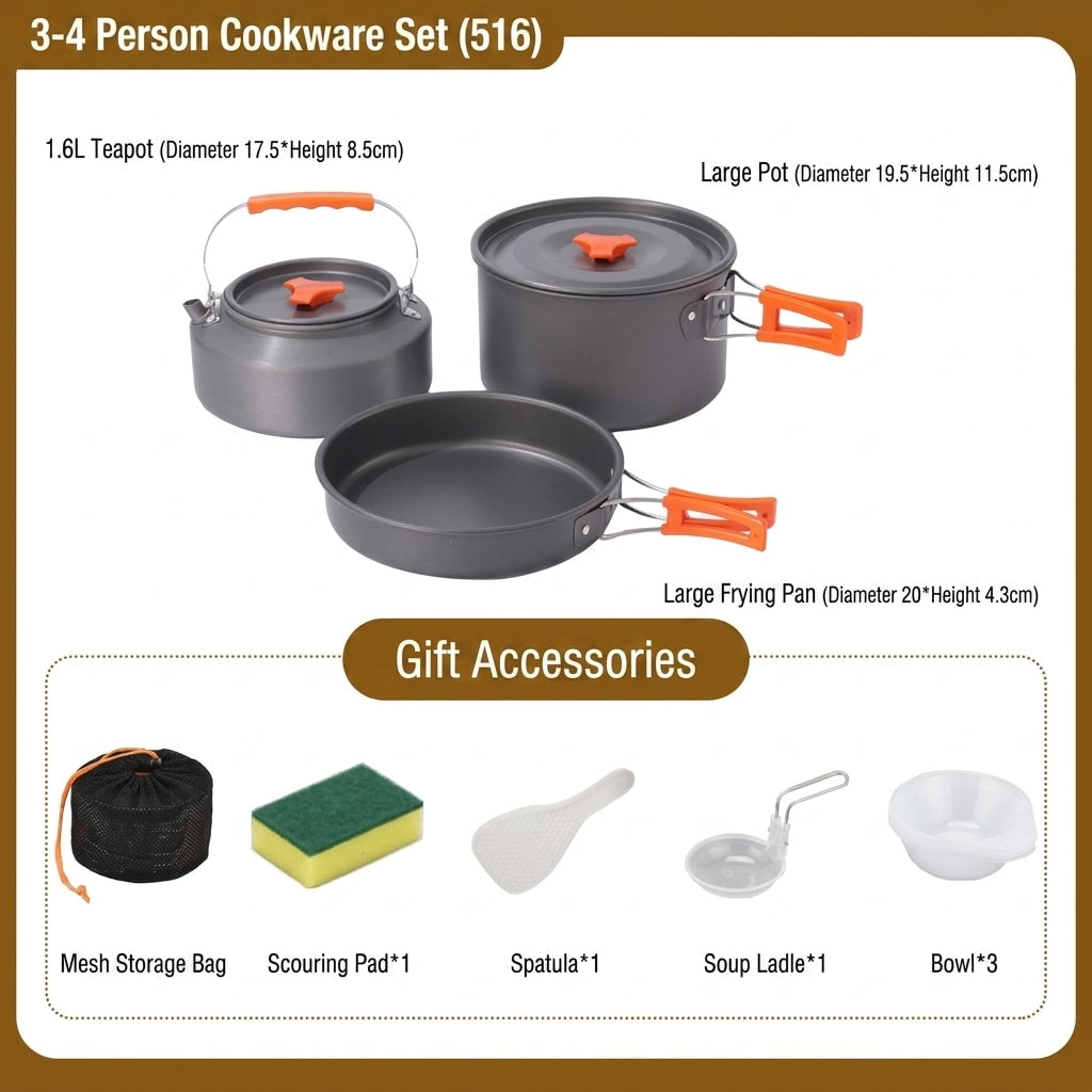 18-Piece Camping Cookware Set with Pot, Pan, Kettle, Plates and Bowls