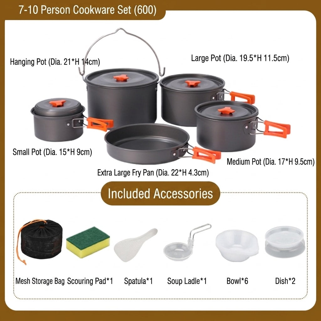18-Piece Camping Cookware Set with Pot, Pan, Kettle, Plates and Bowls