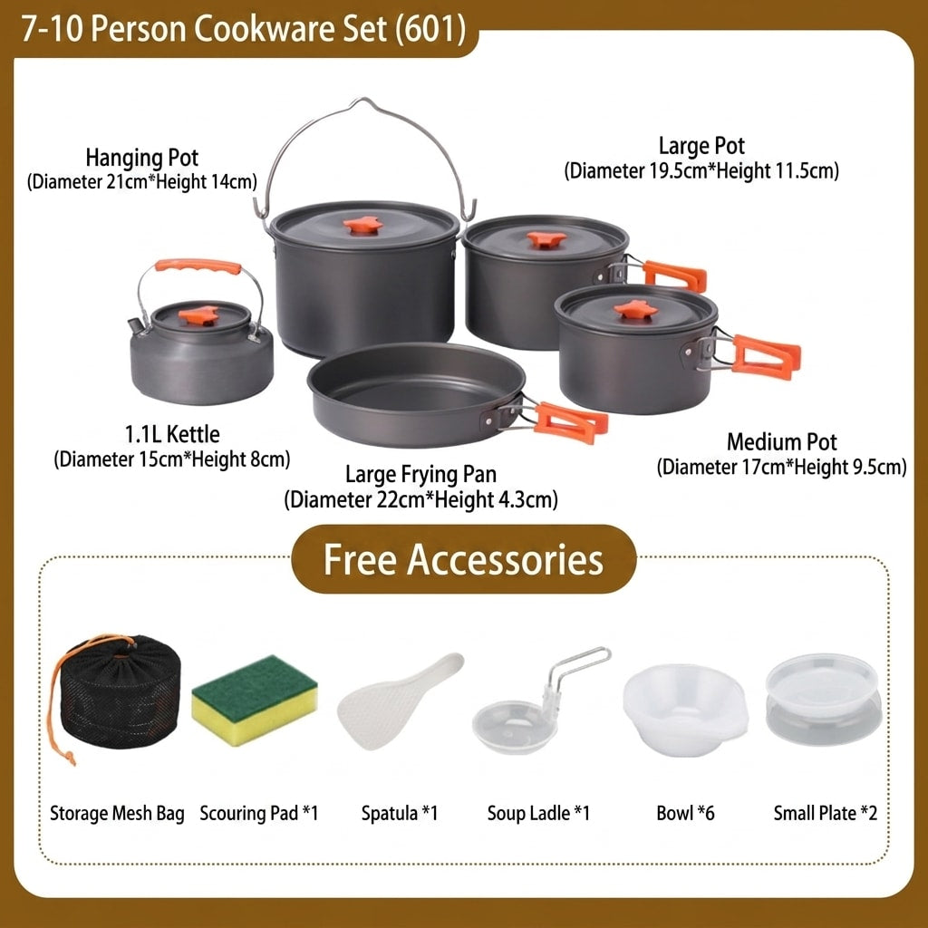 18-Piece Camping Cookware Set with Pot, Pan, Kettle, Plates and Bowls