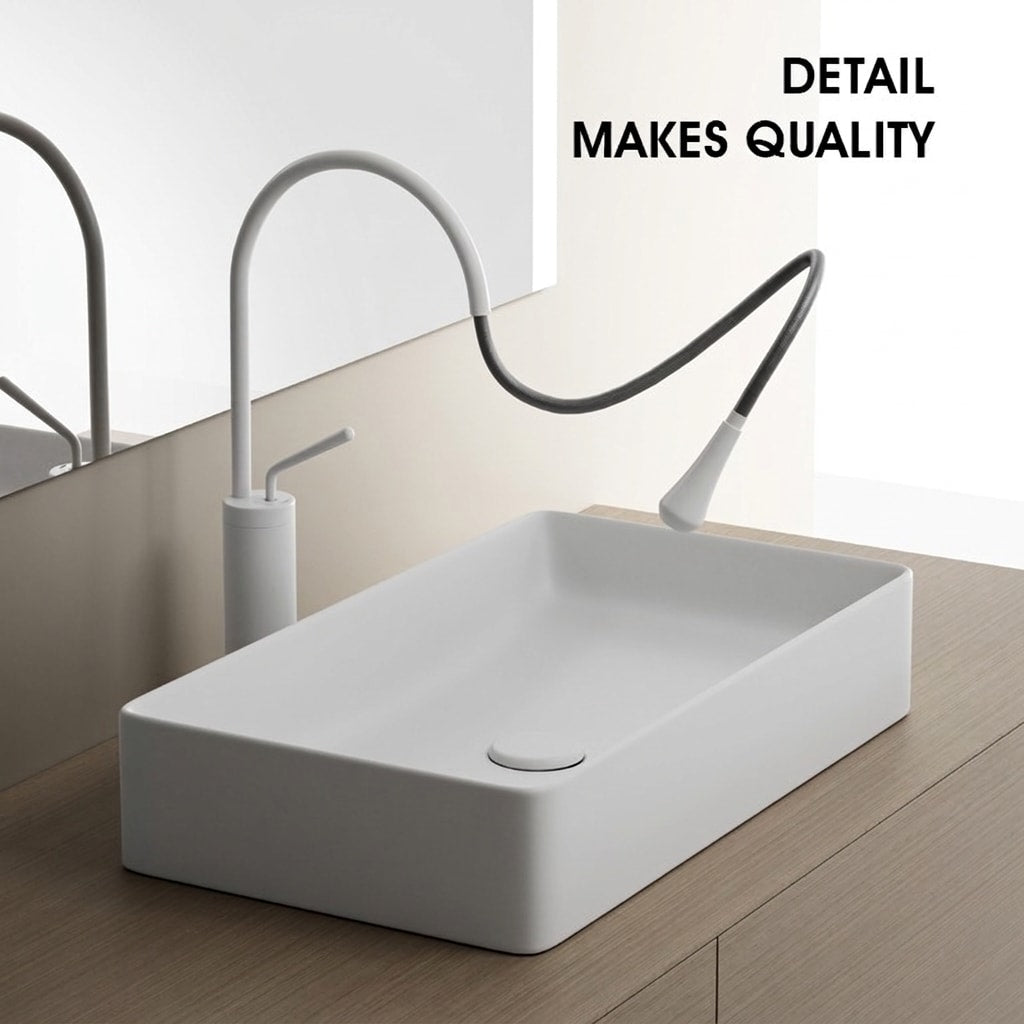 Minimalist Square Countertop Bathroom Sink, Matte White Ceramic Vessel Basin for Modern Bathroom Vanity