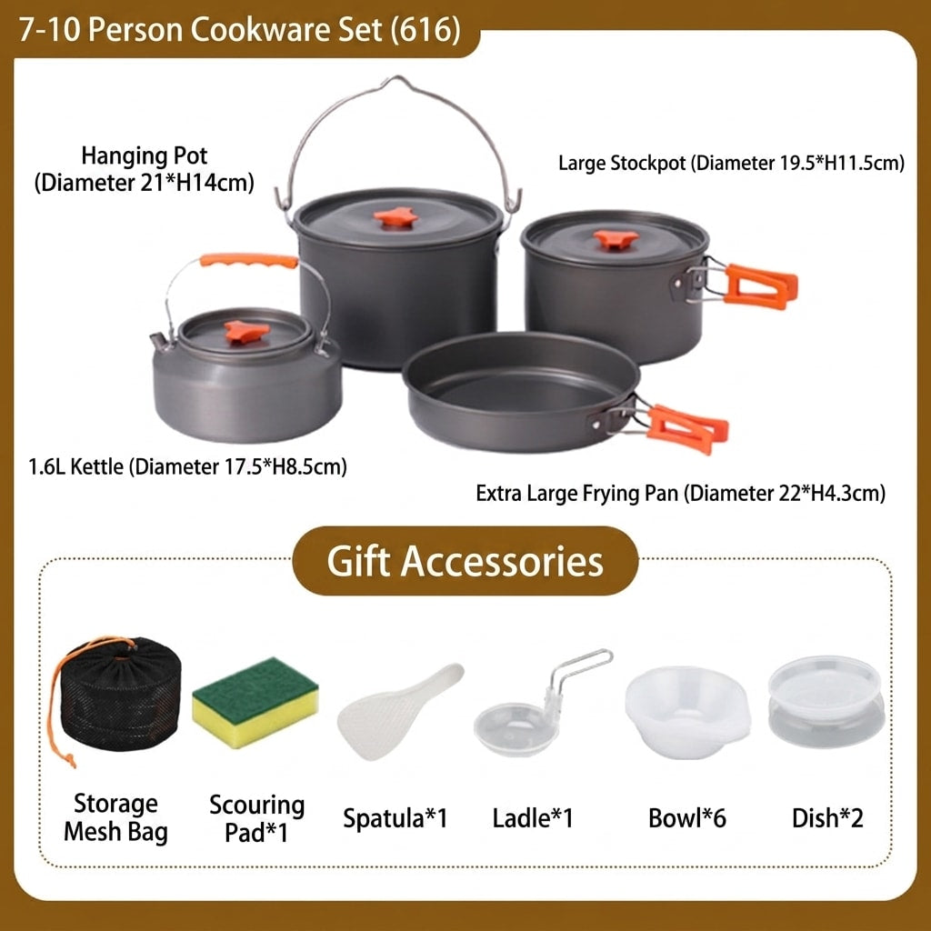 18-Piece Camping Cookware Set with Pot, Pan, Kettle, Plates and Bowls