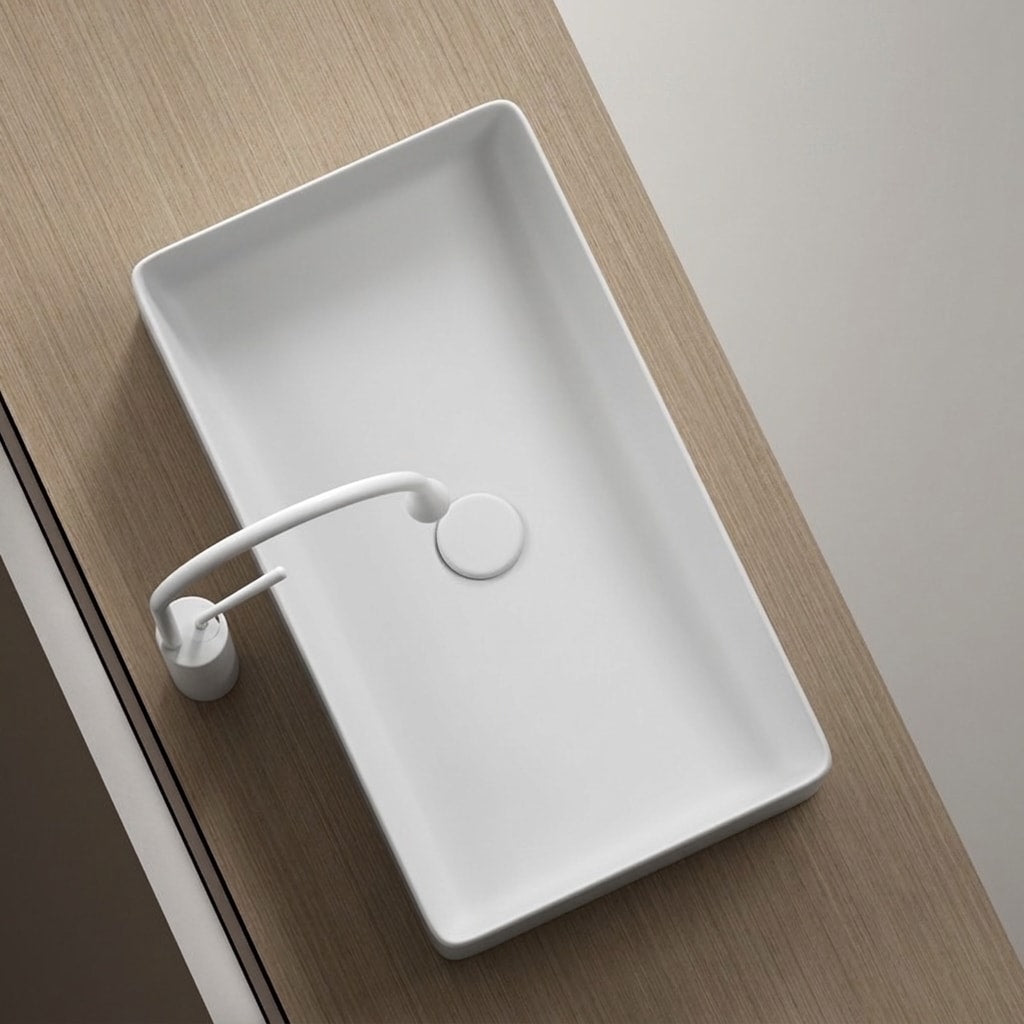 Minimalist Square Countertop Bathroom Sink, Matte White Ceramic Vessel Basin for Modern Bathroom Vanity