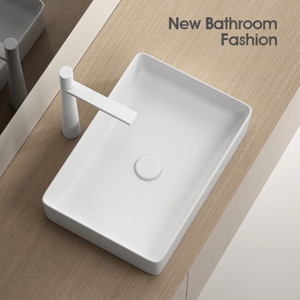 Minimalist Square Countertop Bathroom Sink, Matte White Ceramic Vessel Basin for Modern Bathroom Vanity