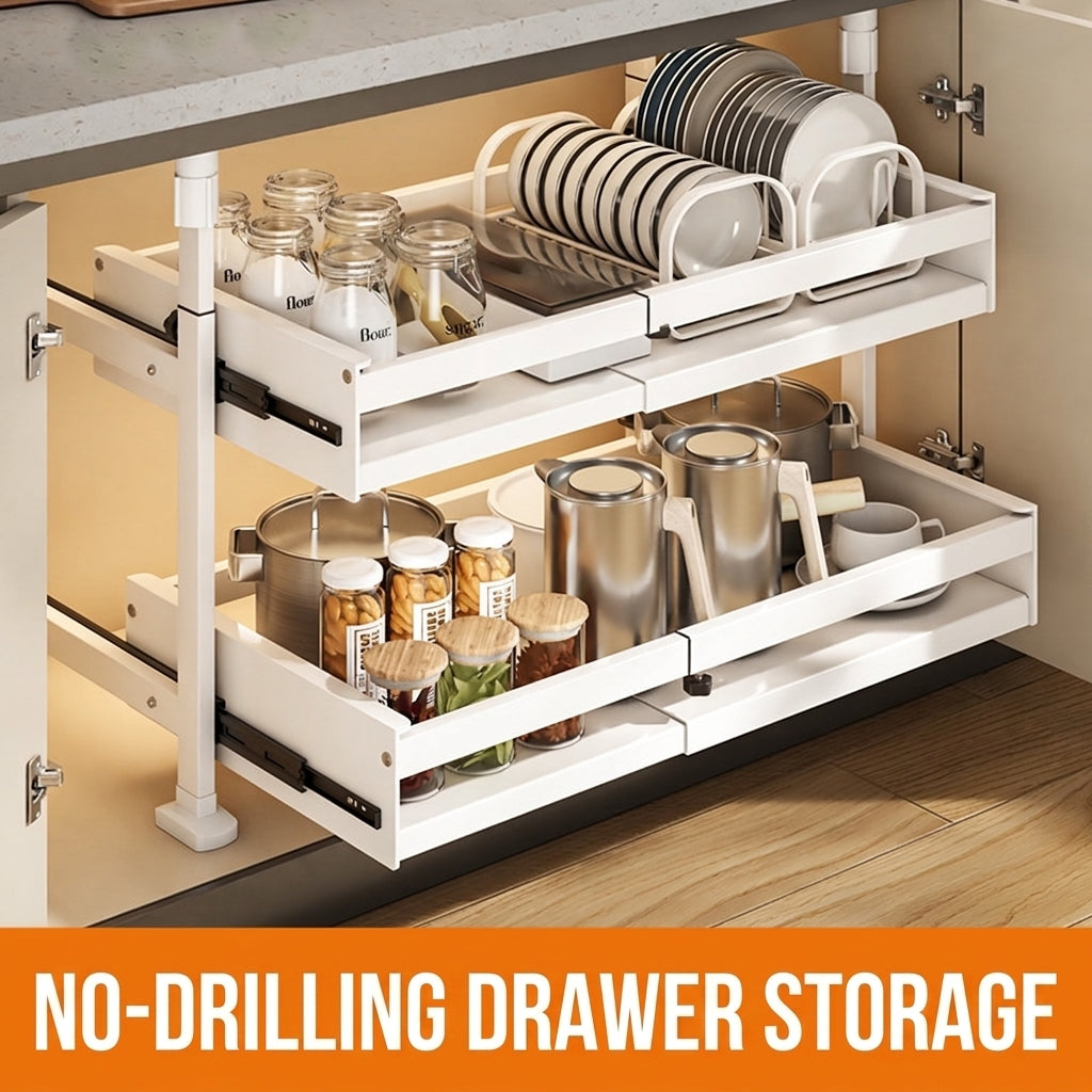 Under Cabinet Pull-Out Organizer, No-Drill Adjustable Kitchen Cabinet Drawer Basket for Pots, Dishes & Pantry Storage