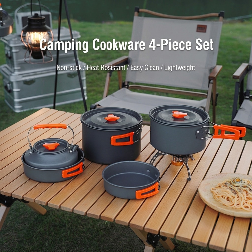 18-Piece Camping Cookware Set with Pot, Pan, Kettle, Plates and Bowls
