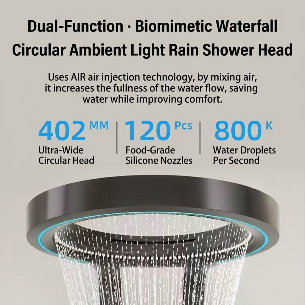 Luxury Ceiling Rainfall Shower System with LED Ambient Light & Digital Display, Copper Bathroom Shower Set with Booster Waterfall Spray Panel