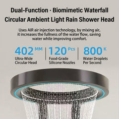 Luxury Ceiling Rainfall Shower System with LED Ambient Light & Digital Display, Copper Bathroom Shower Set with Booster Waterfall Spray Panel