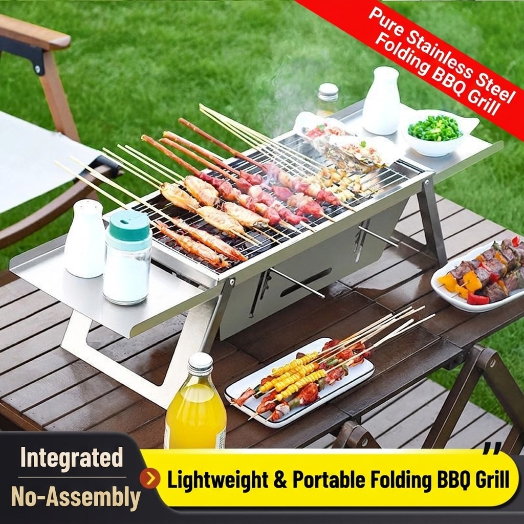 Portable Stainless Steel Charcoal Grill, Foldable Outdoor BBQ Grill for Camping, Picnic & Backyard Cooking