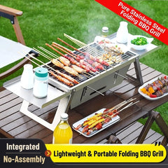 Portable Stainless Steel Charcoal Grill, Foldable Outdoor BBQ Grill for Camping, Picnic & Backyard Cooking