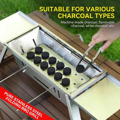 Portable Stainless Steel Charcoal Grill, Foldable Outdoor BBQ Grill for Camping, Picnic & Backyard Cooking