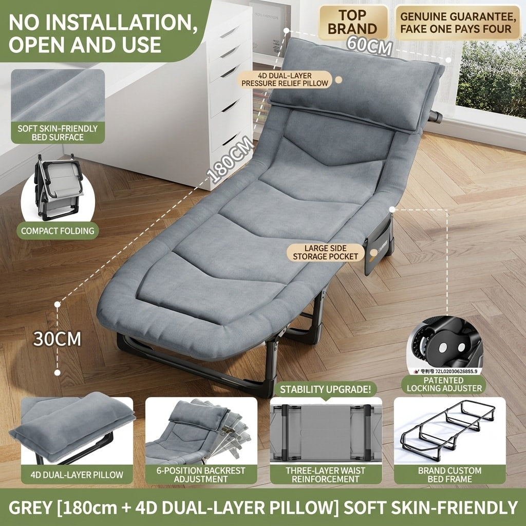 Portable Folding Cot Bed for Adults, Office Nap Bed with Adjustable Reclining Backrest for Home, Camping & Guest Room