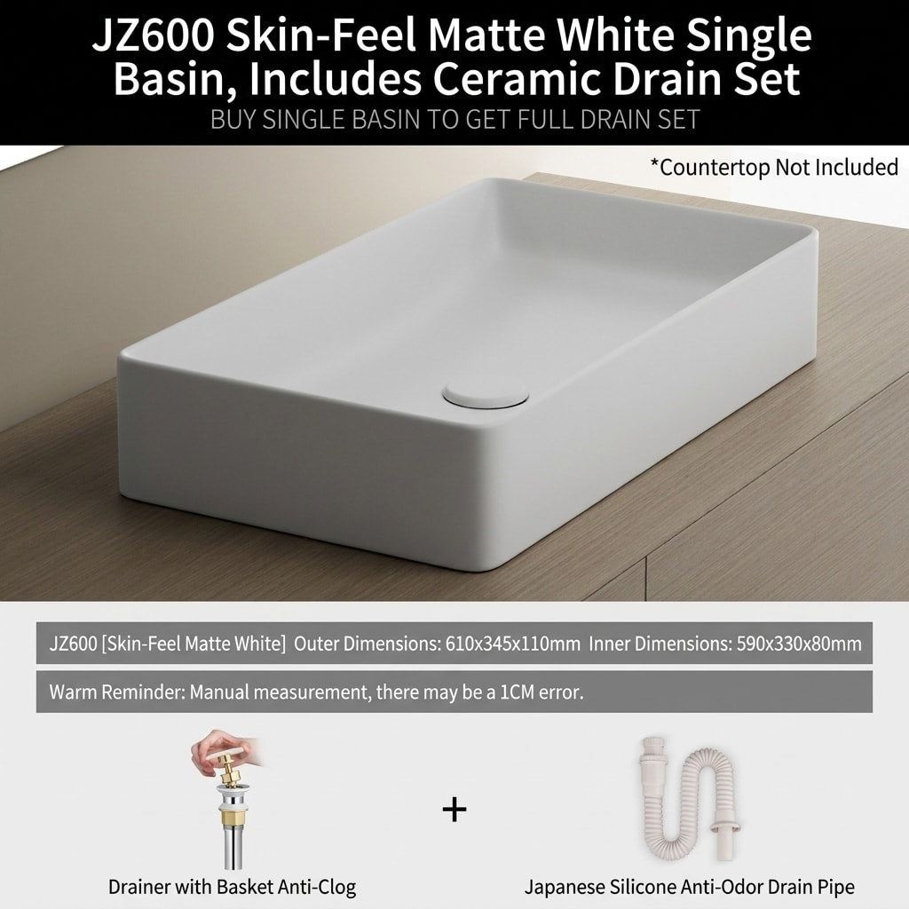 Minimalist Square Countertop Bathroom Sink, Matte White Ceramic Vessel Basin for Modern Bathroom Vanity