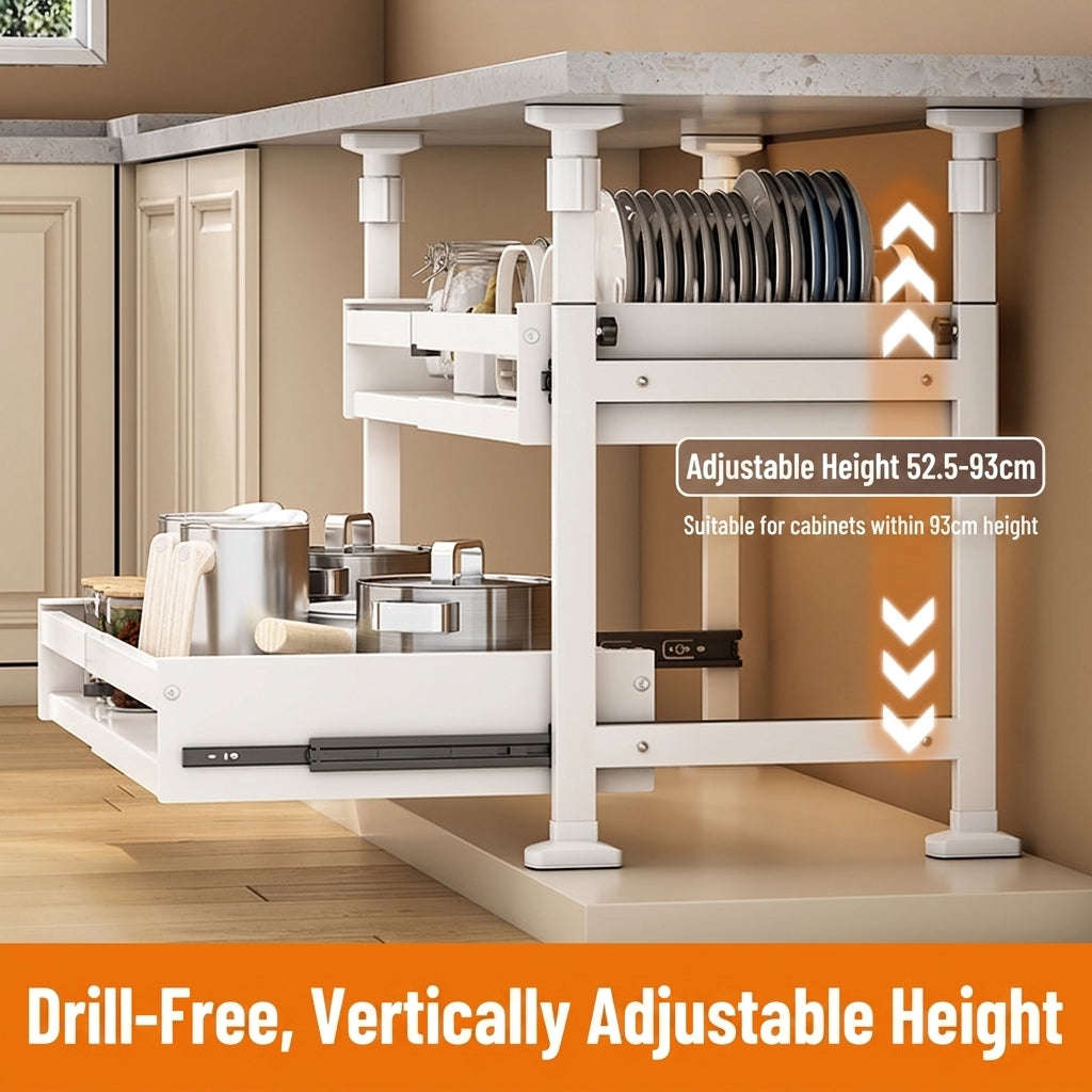 Under Cabinet Pull-Out Organizer, No-Drill Adjustable Kitchen Cabinet Drawer Basket for Pots, Dishes & Pantry Storage