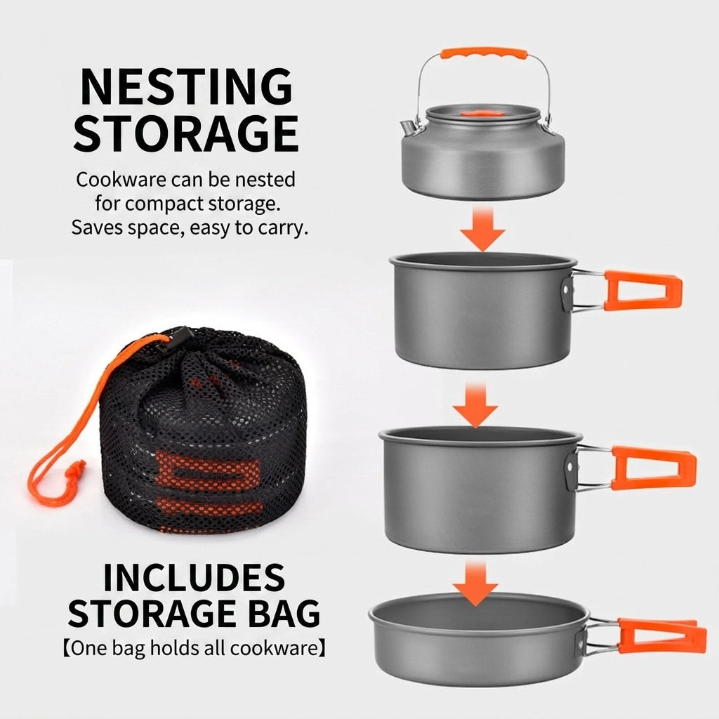 18-Piece Camping Cookware Set with Pot, Pan, Kettle, Plates and Bowls