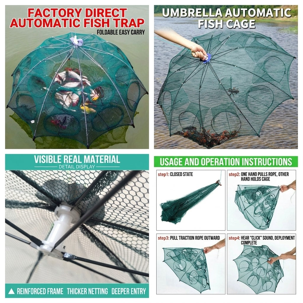 Collapsible Umbrella Fishing Net Trap, Portable Foldable Fish & Shrimp Catching Net for Lake, River, Pond & Outdoor Fishing