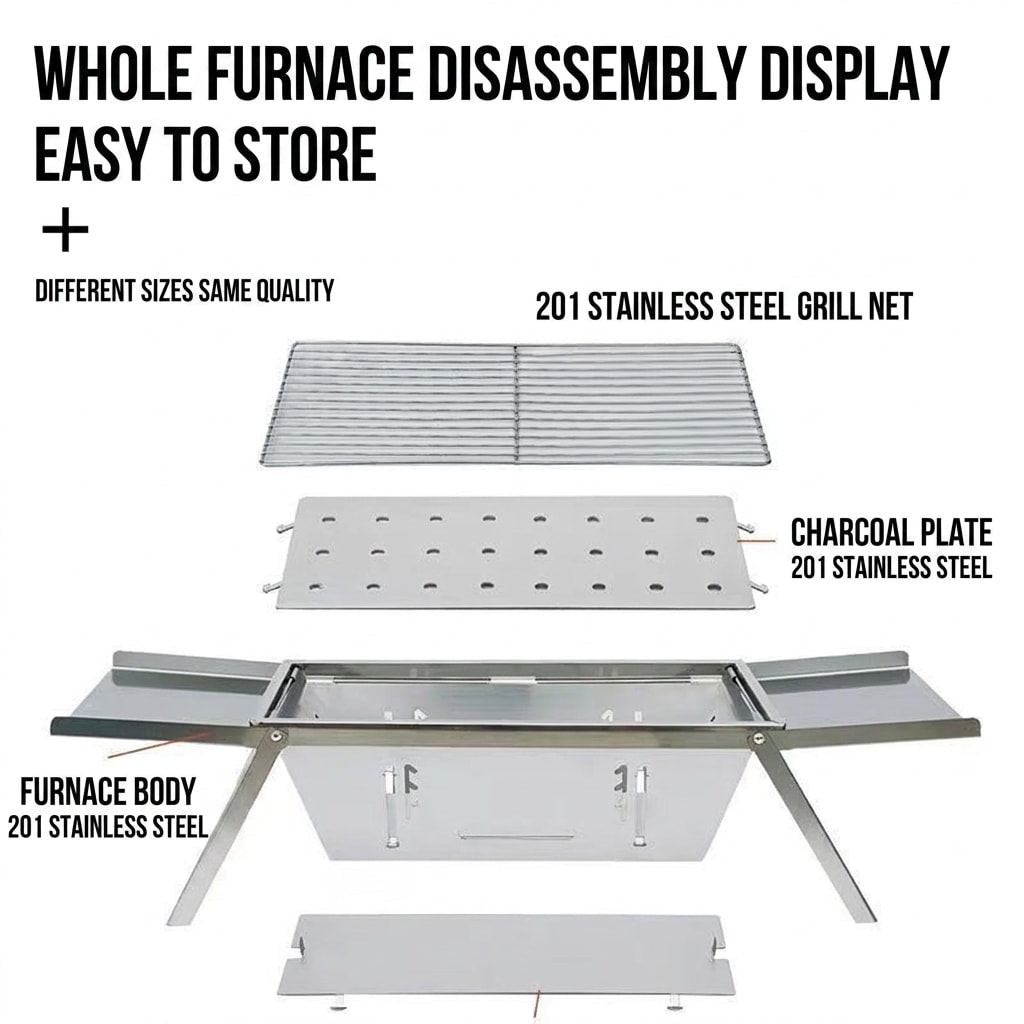 Portable Stainless Steel Charcoal Grill, Foldable Outdoor BBQ Grill for Camping, Picnic & Backyard Cooking