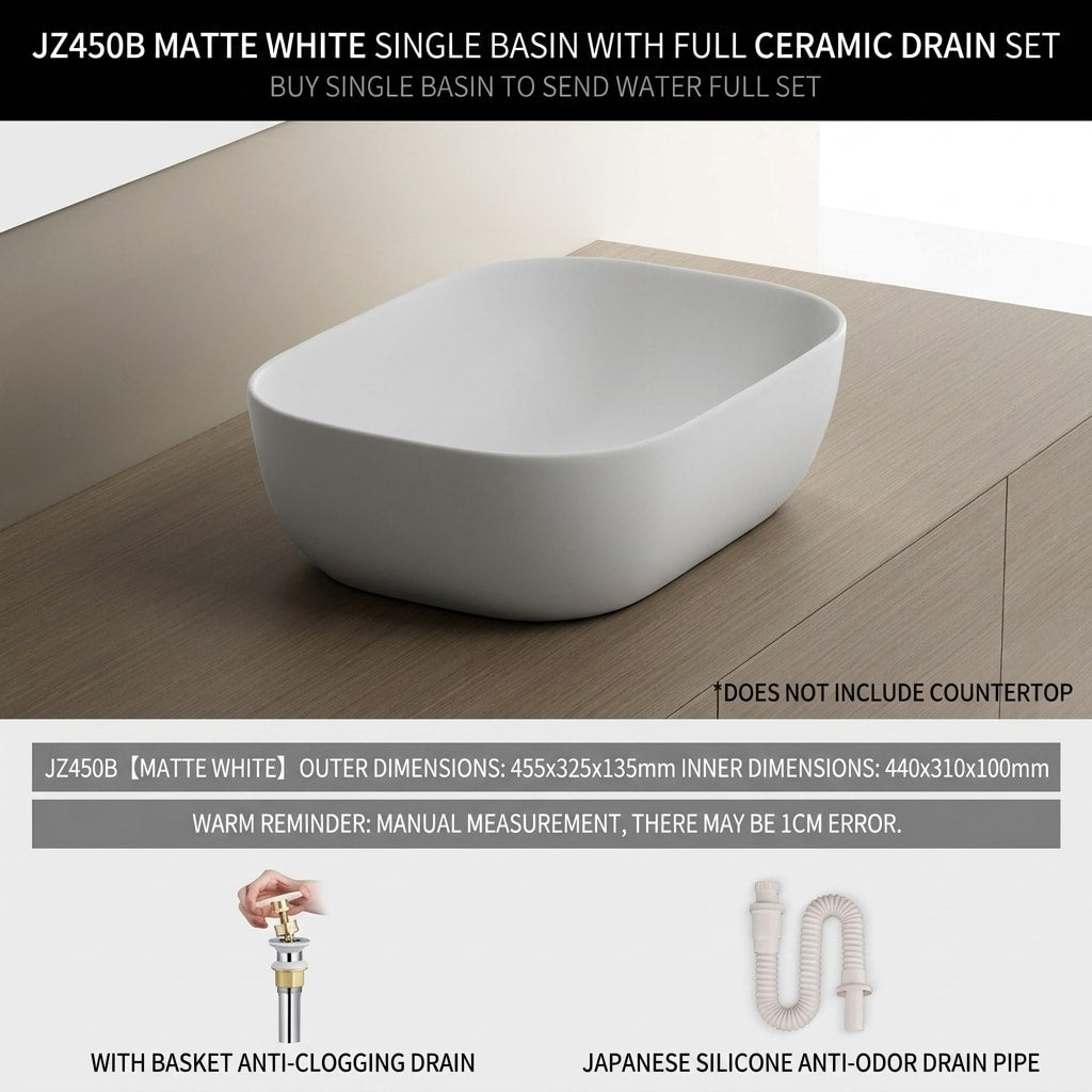 Minimalist Square Countertop Bathroom Sink, Matte White Ceramic Vessel Basin for Modern Bathroom Vanity