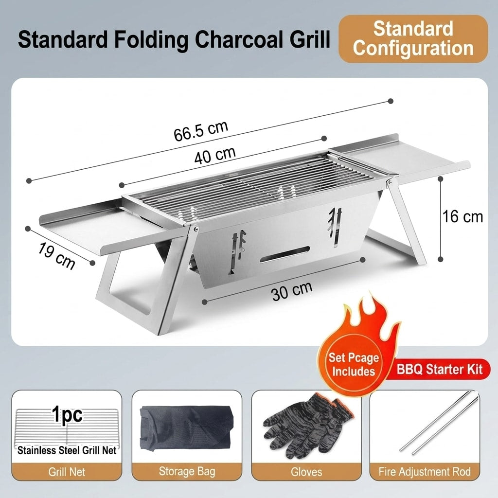 Portable Stainless Steel Charcoal Grill, Foldable Outdoor BBQ Grill for Camping, Picnic & Backyard Cooking