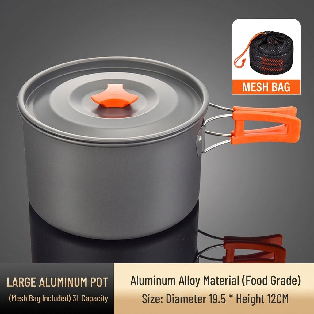 18-Piece Camping Cookware Set with Pot, Pan, Kettle, Plates and Bowls