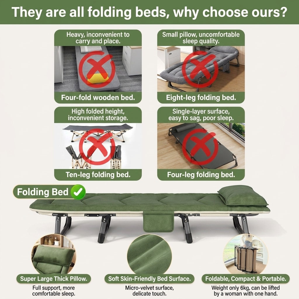 Portable Folding Cot Bed for Adults, Office Nap Bed with Adjustable Reclining Backrest for Home, Camping & Guest Room