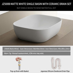 Minimalist Square Countertop Bathroom Sink, Matte White Ceramic Vessel Basin for Modern Bathroom Vanity