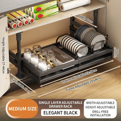 Under Cabinet Pull-Out Organizer, No-Drill Adjustable Kitchen Cabinet Drawer Basket for Pots, Dishes & Pantry Storage