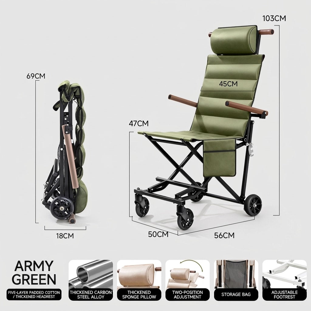 Folding Travel Chair with Wheels, Portable Multi-Function Mobility Chair for Outdoor Trips, Travel & Everyday Use
