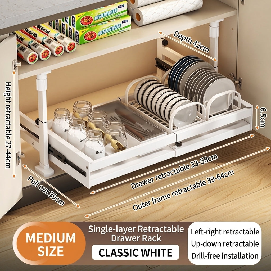 Under Cabinet Pull-Out Organizer, No-Drill Adjustable Kitchen Cabinet Drawer Basket for Pots, Dishes & Pantry Storage