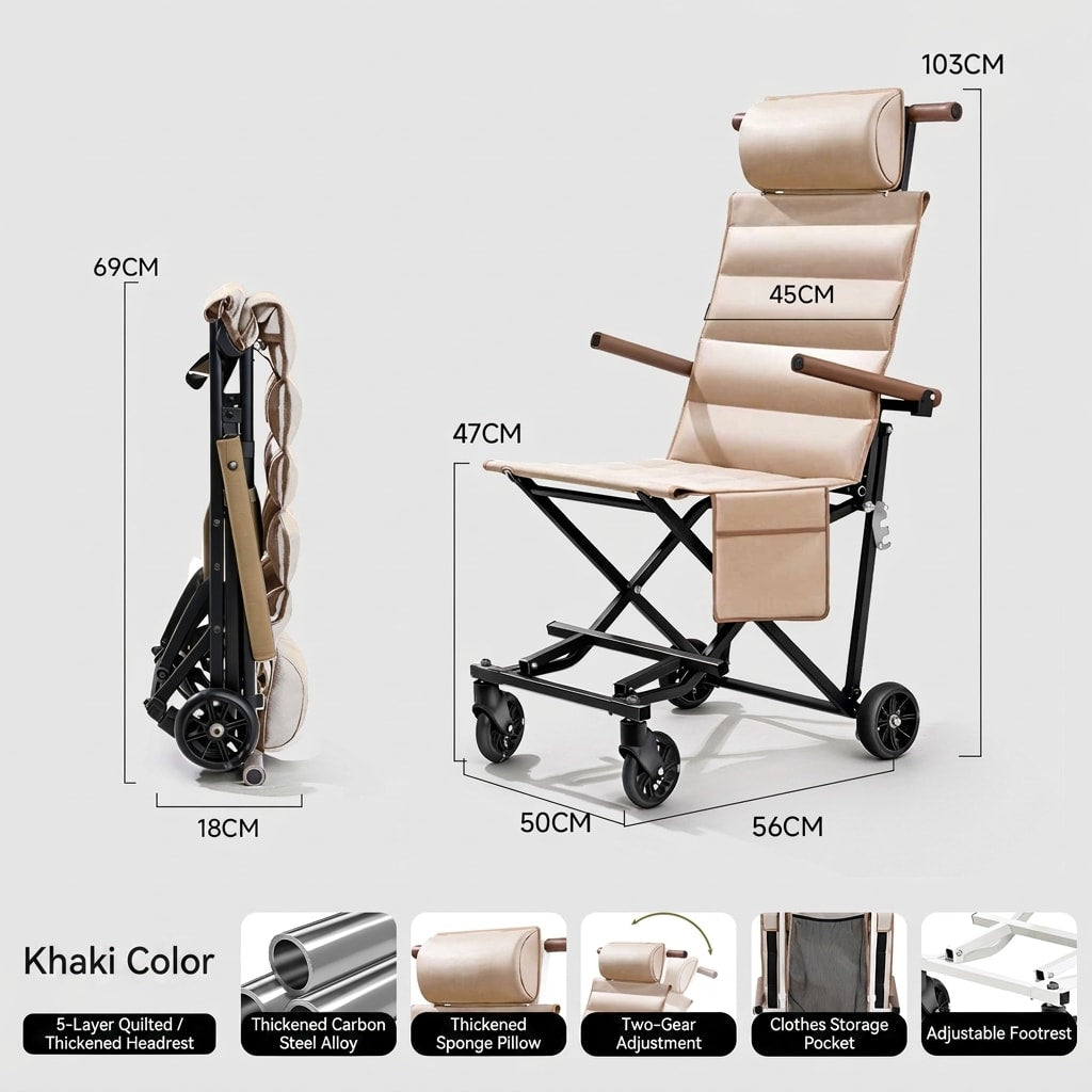Folding Travel Chair with Wheels, Portable Multi-Function Mobility Chair for Outdoor Trips, Travel & Everyday Use