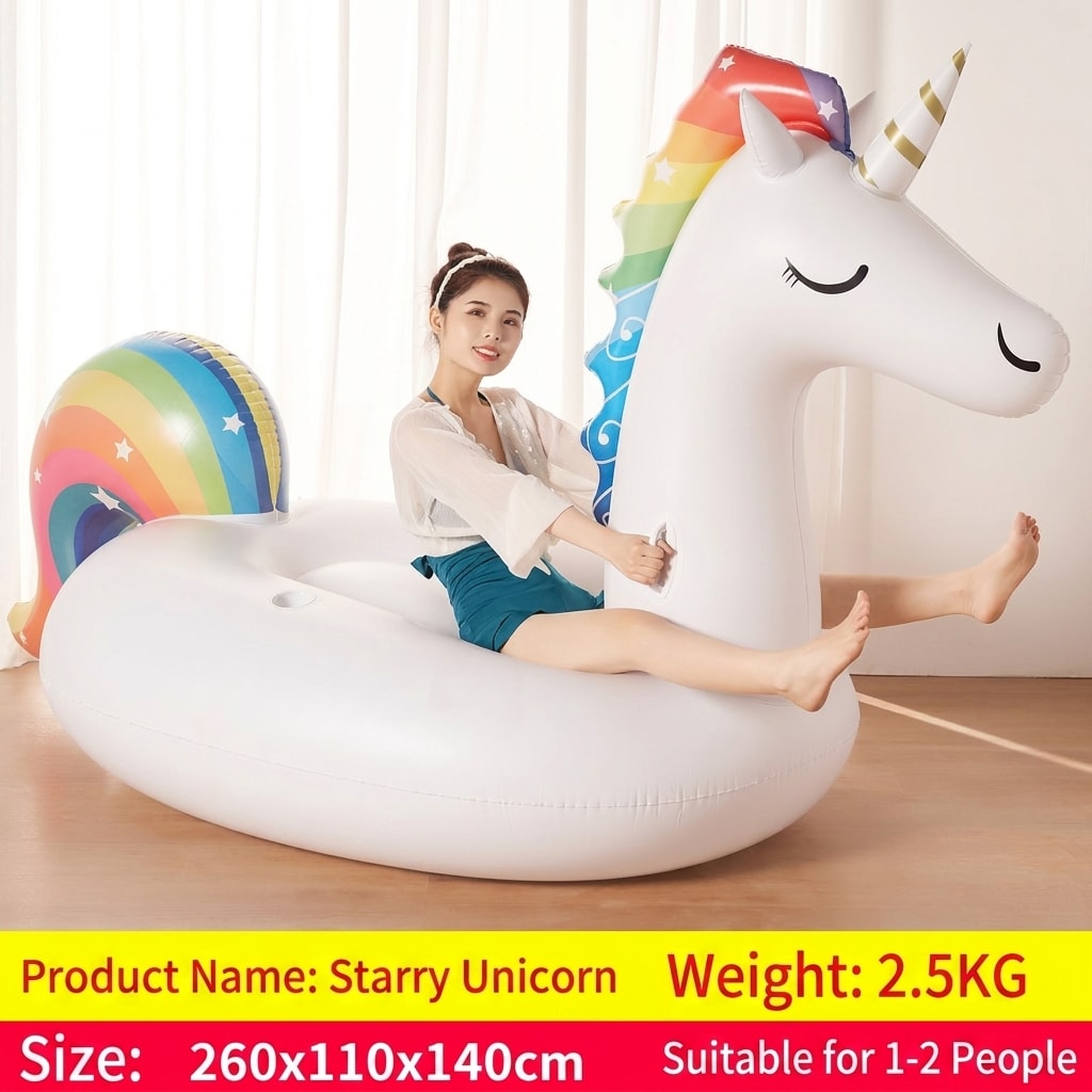 Inflatable Rainbow Unicorn Pool Float Ride-On, Giant Floating Raft for Adults & Kids, Summer Pool & Beach Party Float