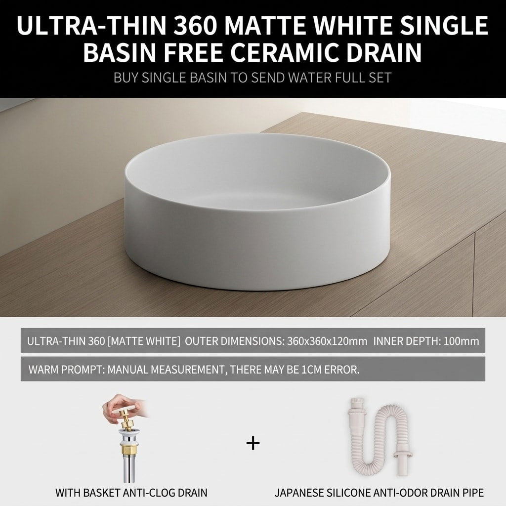 Minimalist Square Countertop Bathroom Sink, Matte White Ceramic Vessel Basin for Modern Bathroom Vanity