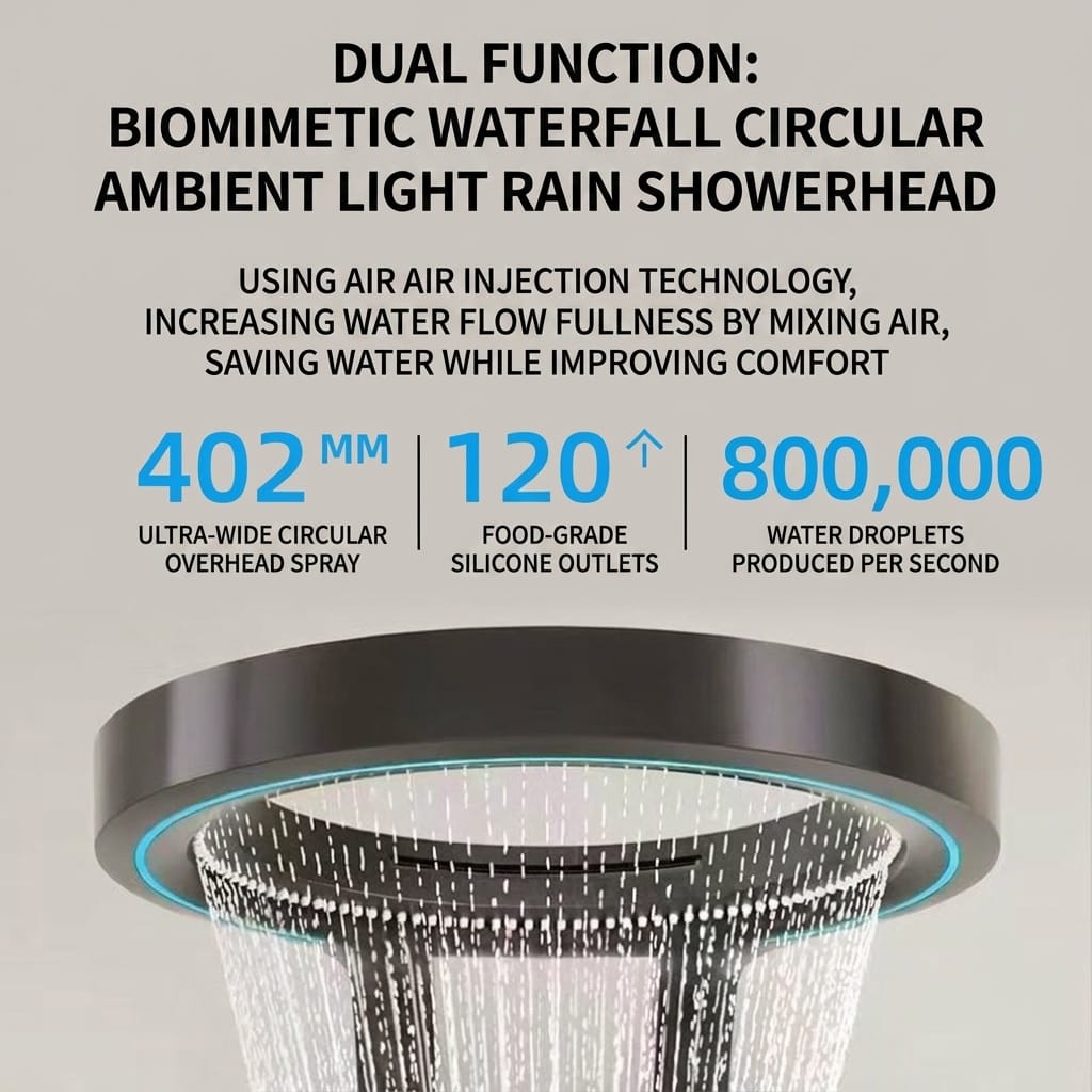 Luxury Ceiling Rainfall Shower System with LED Ambient Light & Digital Display, Copper Bathroom Shower Set with Booster Waterfall Spray Panel