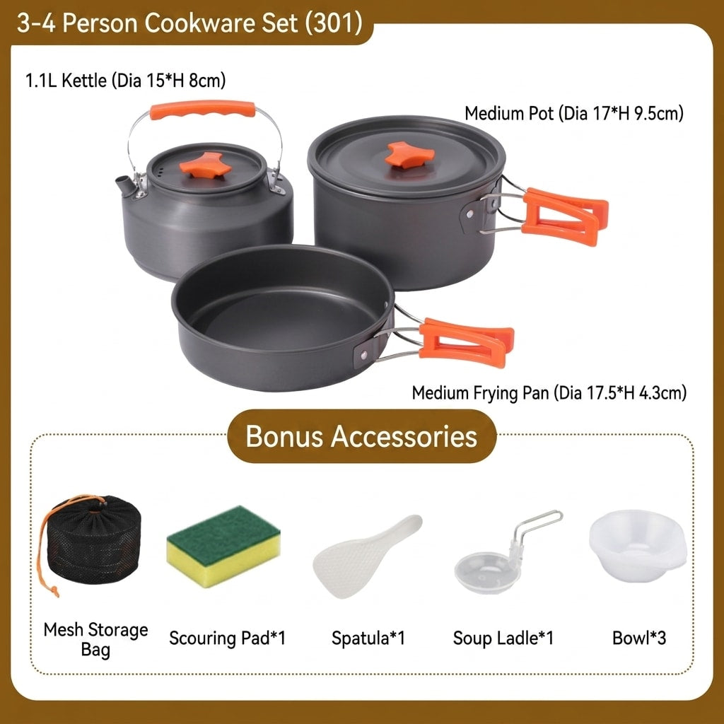 18-Piece Camping Cookware Set with Pot, Pan, Kettle, Plates and Bowls