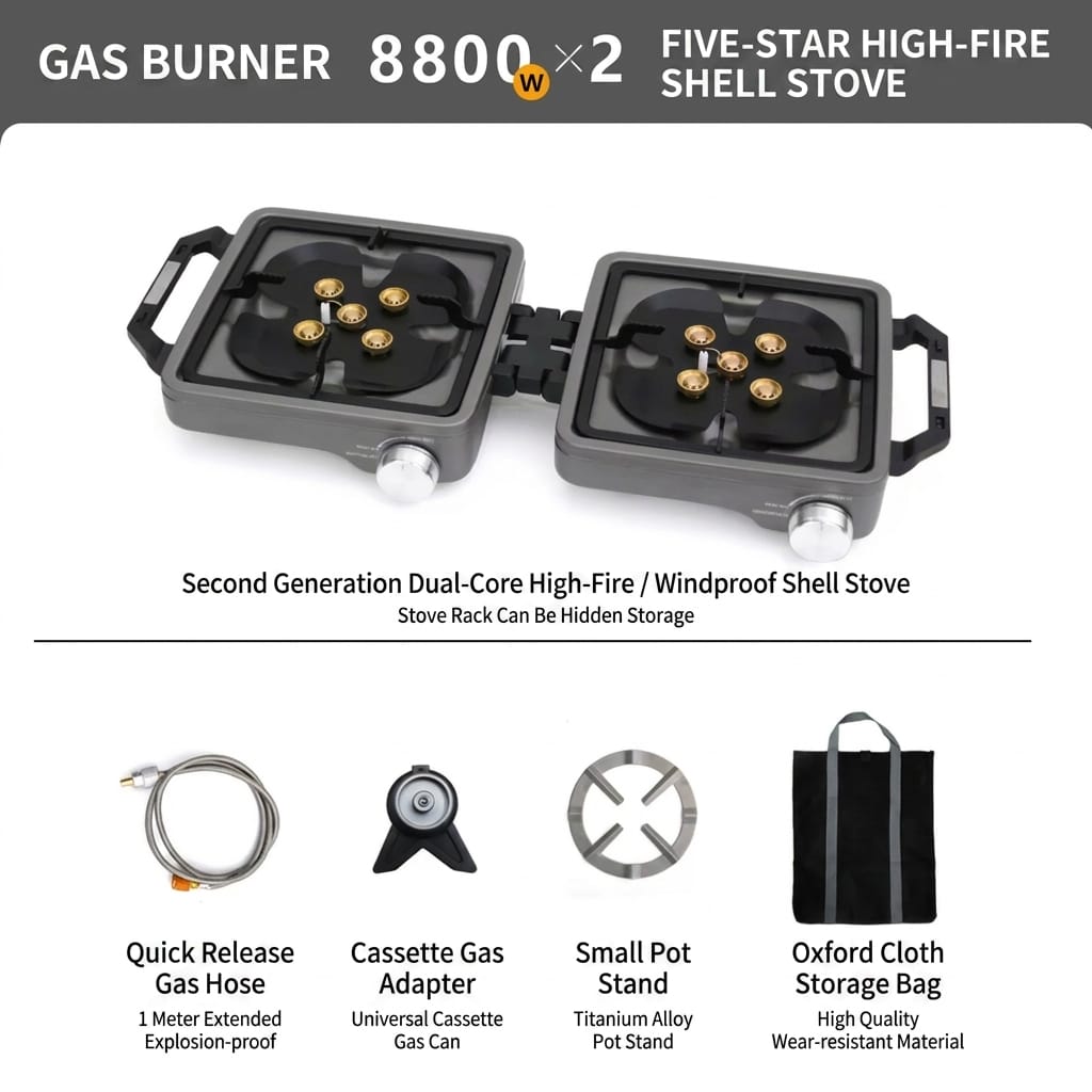 Portable Foldable Double Burner Camping Stove with Carrying Case, High Power Butane Gas Camping Cooker for Outdoor Cooking, Picnic and Backpacking