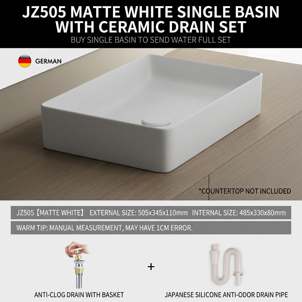 Minimalist Square Countertop Bathroom Sink, Matte White Ceramic Vessel Basin for Modern Bathroom Vanity