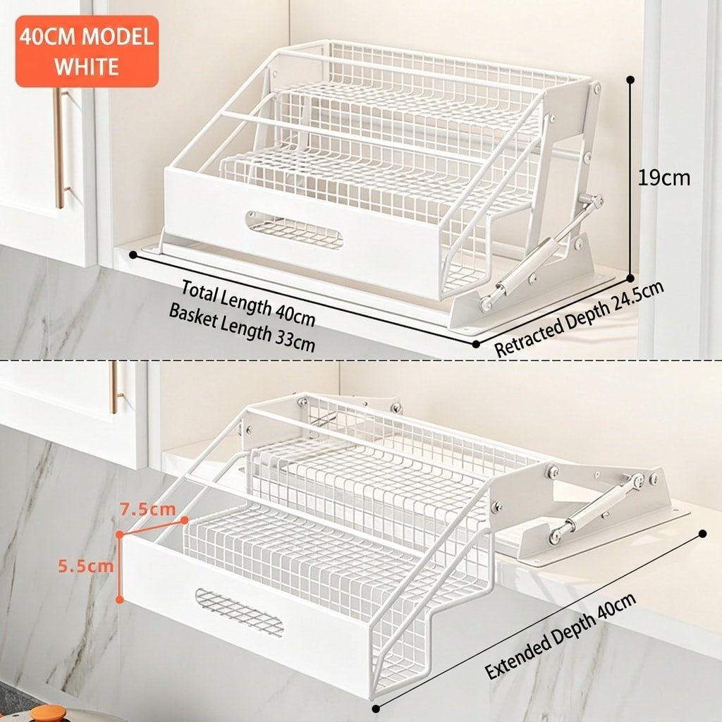 Pull-Down Cabinet Spice Rack, Multi-Tier Kitchen Organizer with Gas-Lift Assist, No-Drill Silent Storage Shelf