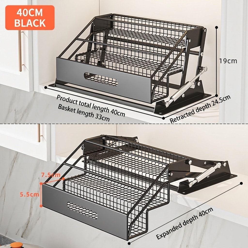 Pull-Down Cabinet Spice Rack, Multi-Tier Kitchen Organizer with Gas-Lift Assist, No-Drill Silent Storage Shelf