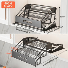 Pull-Down Cabinet Spice Rack, Multi-Tier Kitchen Organizer with Gas-Lift Assist, No-Drill Silent Storage Shelf