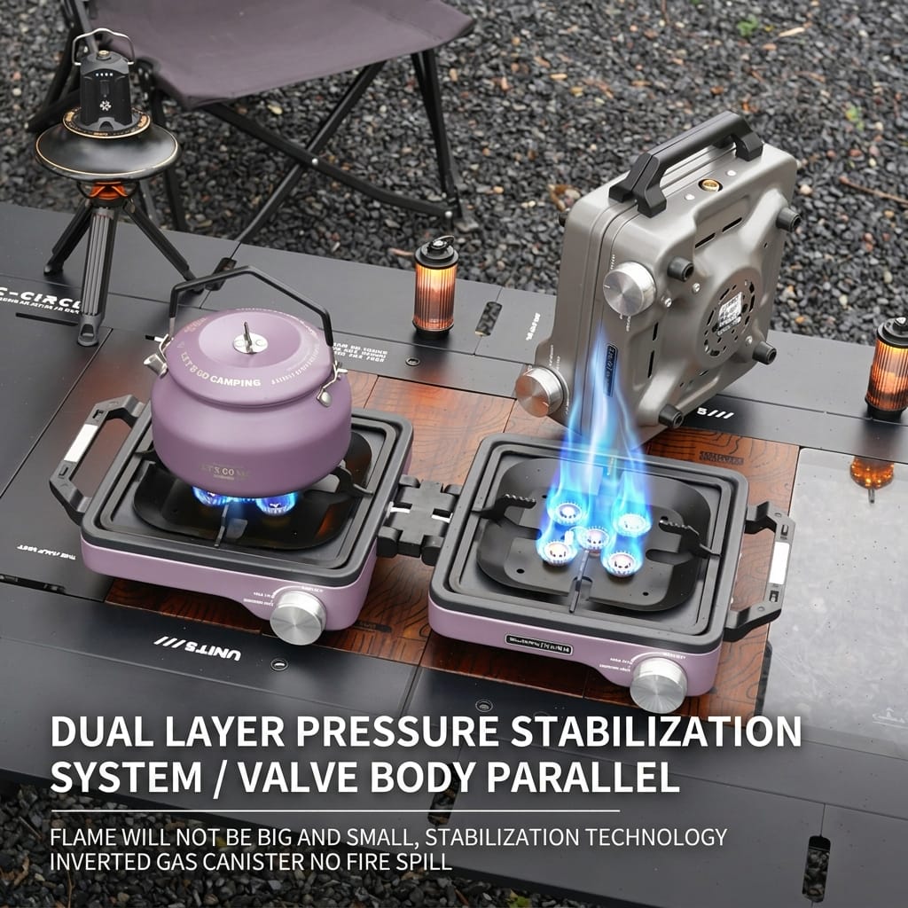 Portable Foldable Double Burner Camping Stove with Carrying Case, High Power Butane Gas Camping Cooker for Outdoor Cooking, Picnic and Backpacking