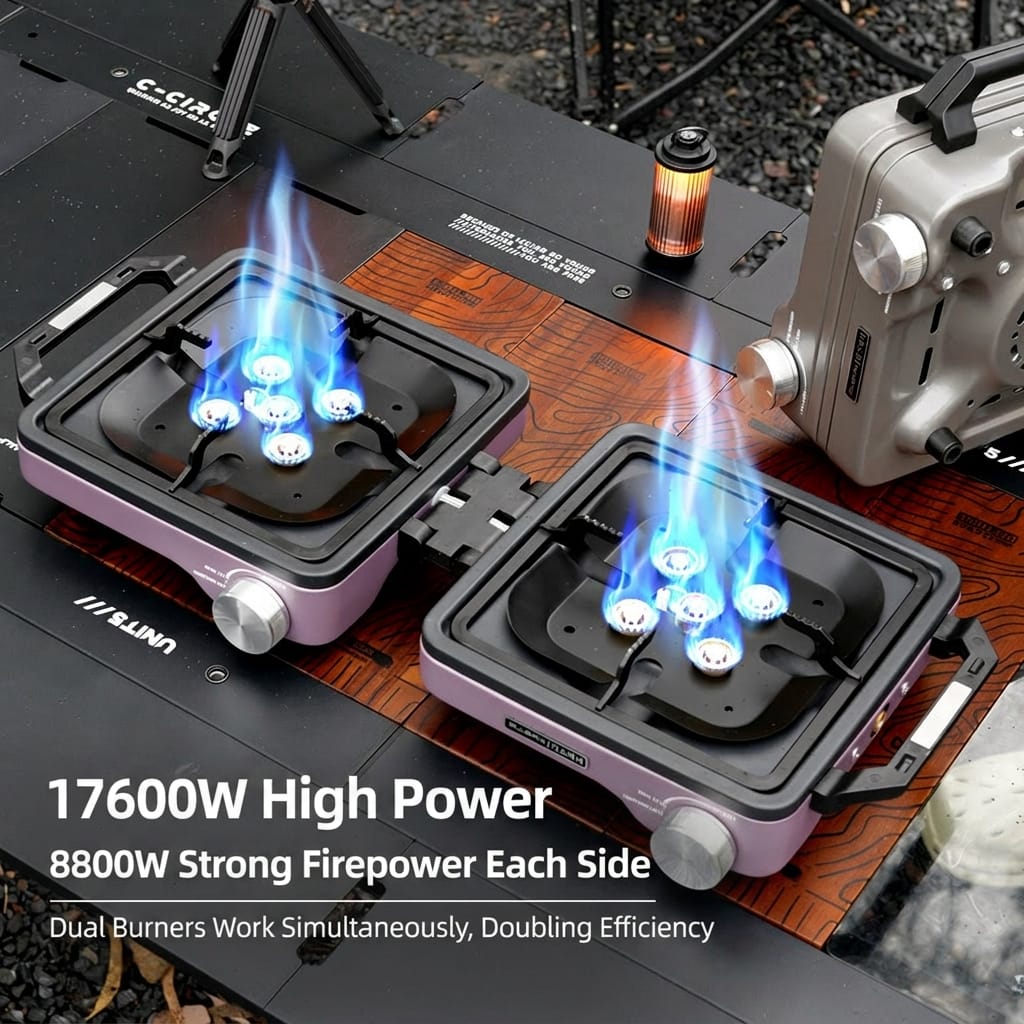 Portable Foldable Double Burner Camping Stove with Carrying Case, High Power Butane Gas Camping Cooker for Outdoor Cooking, Picnic and Backpacking